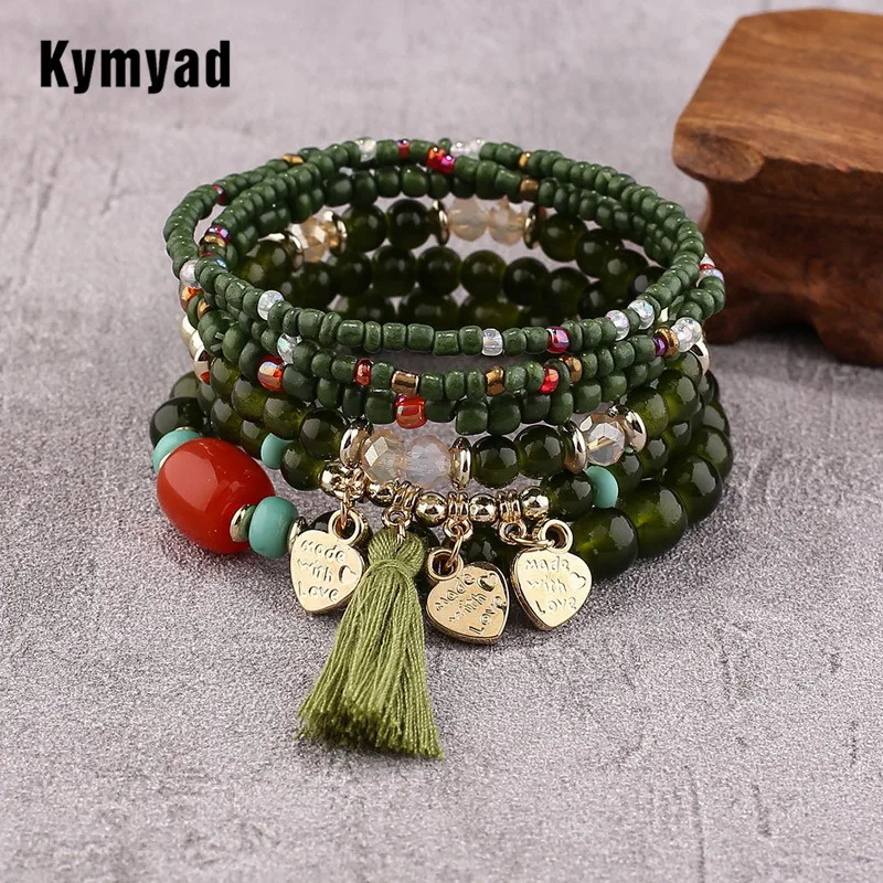 Kymyad Boho 6pcs/set Bracelets for Women Ethnic Tassel Heart Charm Bracelets Green Rice Beads Multilayer Bracelet Jewelry Set