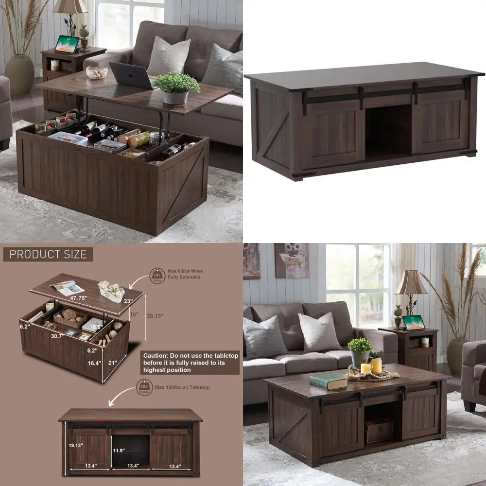 

Rustic Farmhouse Style Coffee Table with Lift Top and Sliding Barn Door Storage for Cocktails and Double Space Organization
