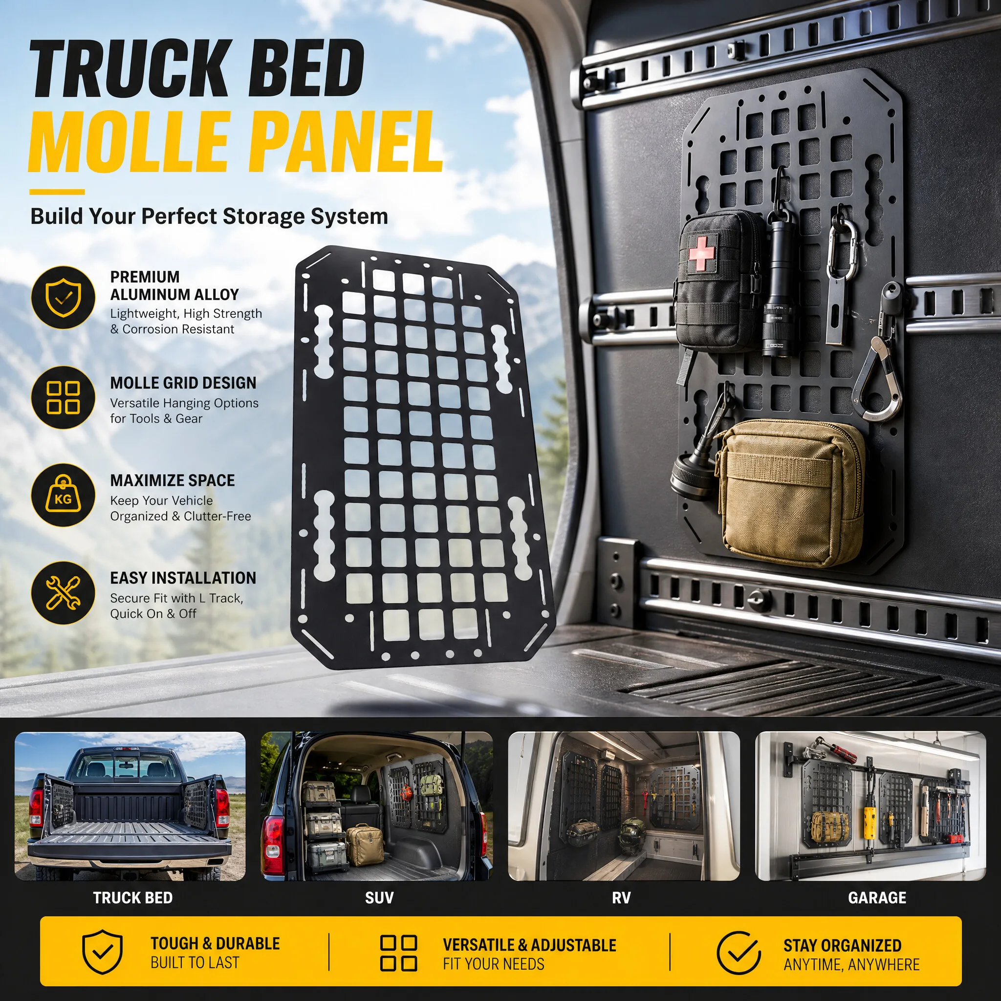 2 Sizes Truck Bed Molle Panel Aluminium Alloy Multifunctional L Track Storage Organizer 267x489x2mm/356x254x2mm for Car SUV RV
