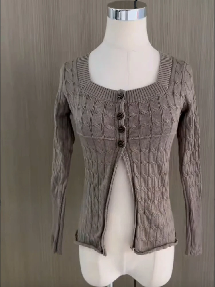 Y2K Vintage Slim Fit Cable Knit Square Neck Button Front Cardigan Women Korean Fashion Casual Streetwear Fall Winter Outfits