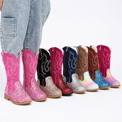 2024 autunno inverno moda ragazze stivali di pelliccia caldi bambini stivali di paillettes ricamati Vintage stivali lunghi da Cowboy Martin scarpe da bambino