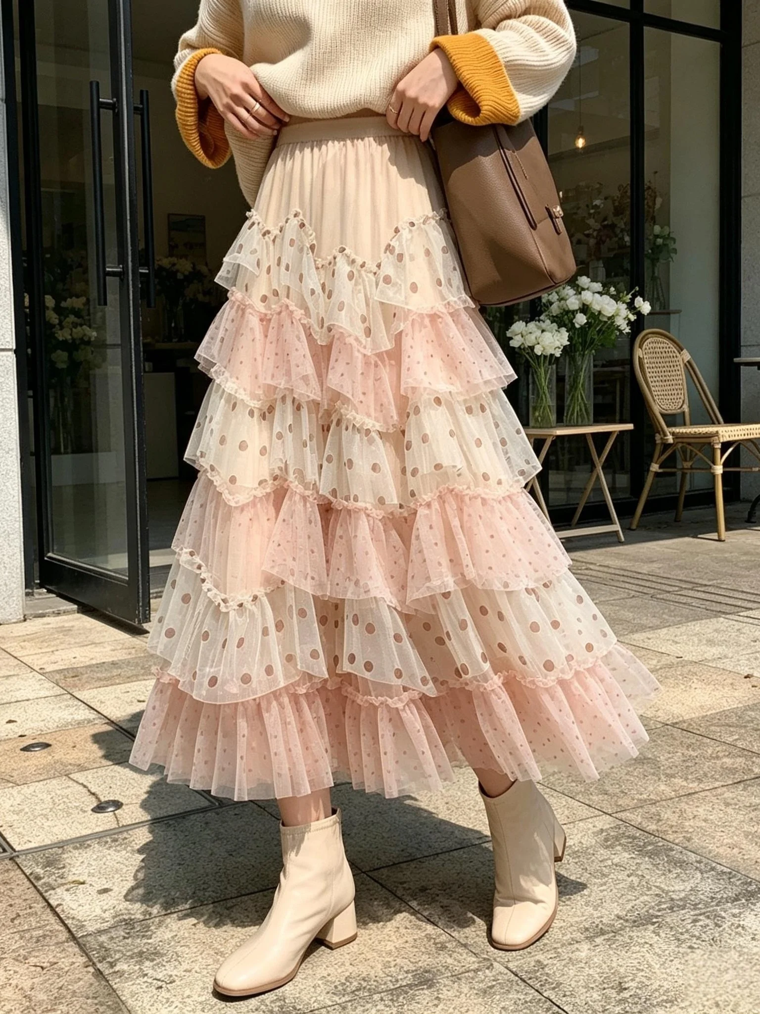 Women's Cake Skirt Half-length Polka Dot Net Gown Spring Autumn Slimming Long Heavy-duty Splicing Fashion High Waist A-line S...