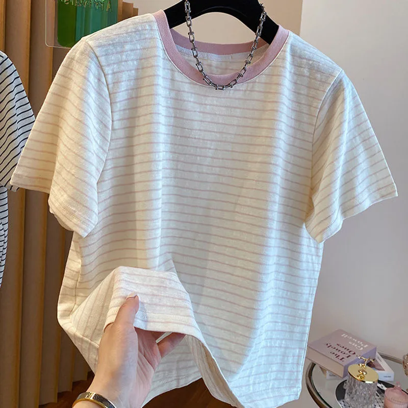 Korean Large Size Women Summer Casual All-match Young Style Stripe Round Neck Loose Comfortable Short Sleeve All-match T-shirt