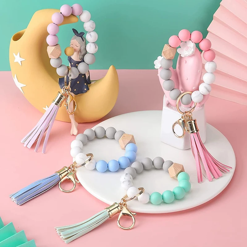 4 Pieces Silicone Key Ring Bracelet Round Bracelet With Leather Tassel For Women Valentines Day Gifts