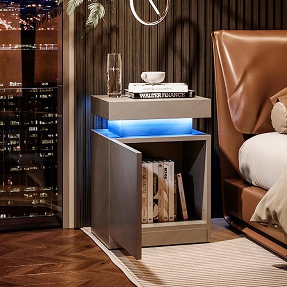 مجموعة منضدة نوم مضيئة بإضاءة LED مكونة من قطعتين مع خزائن تخزين وطاولات بجانب السرير حديثة لإضاءة الليل والتخزين المحسن لذلك #4