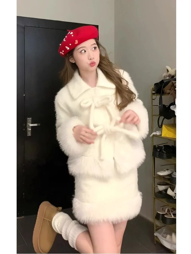 

Autumn Winter Thiened Cotton Blend Fce Women's Set with Knot ort Skirt And Coat Warm Fluffy Two-Piece Ensemble