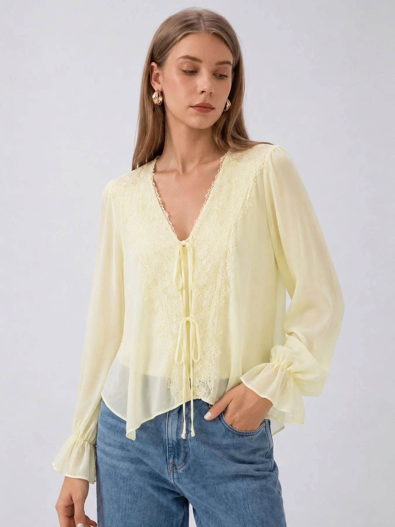 HH Trendy Women Asymmetrical Hem Lace Trim V Neck Blouse Casual Summer Beach Elegant Party Front Tie Ruffle Long Sleeve Shirt