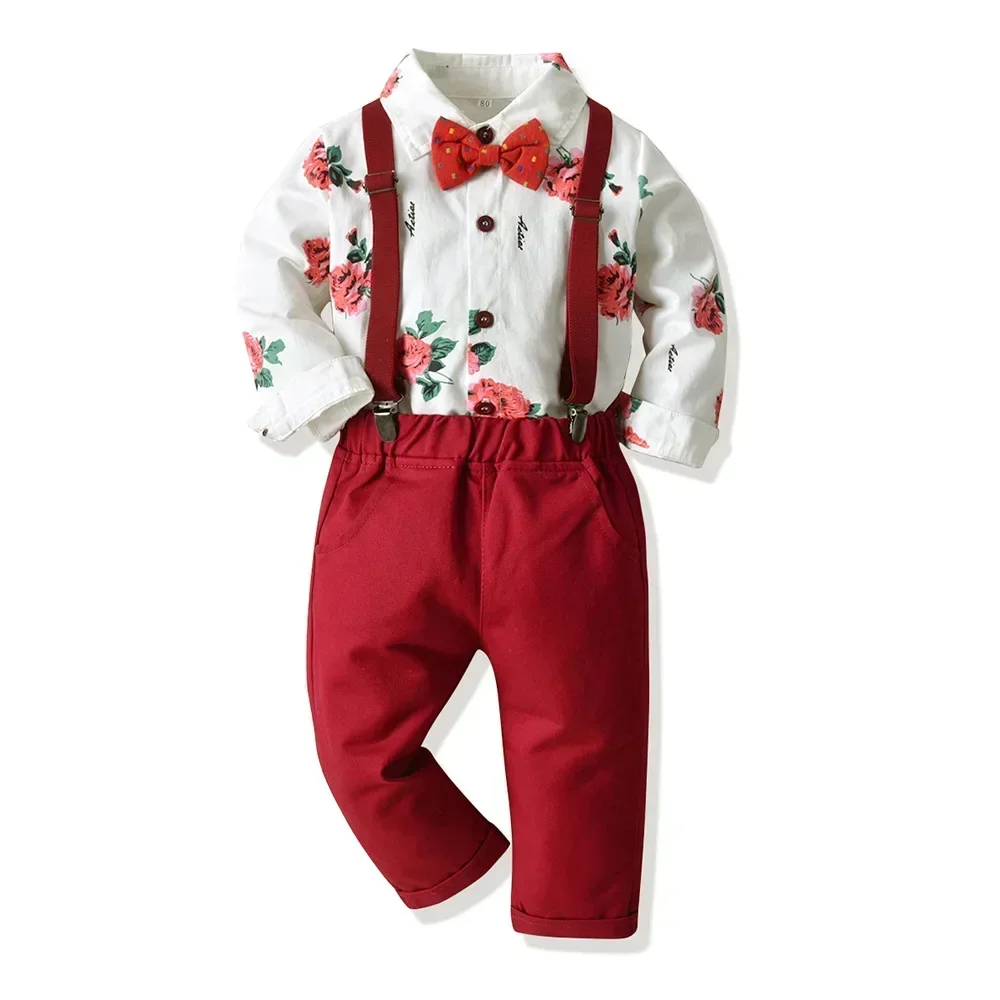 Traje de dos piezas de algodón para niño, camisas y pantalones de tirantes, ropa de primavera y verano, Navidad, 2-12 años