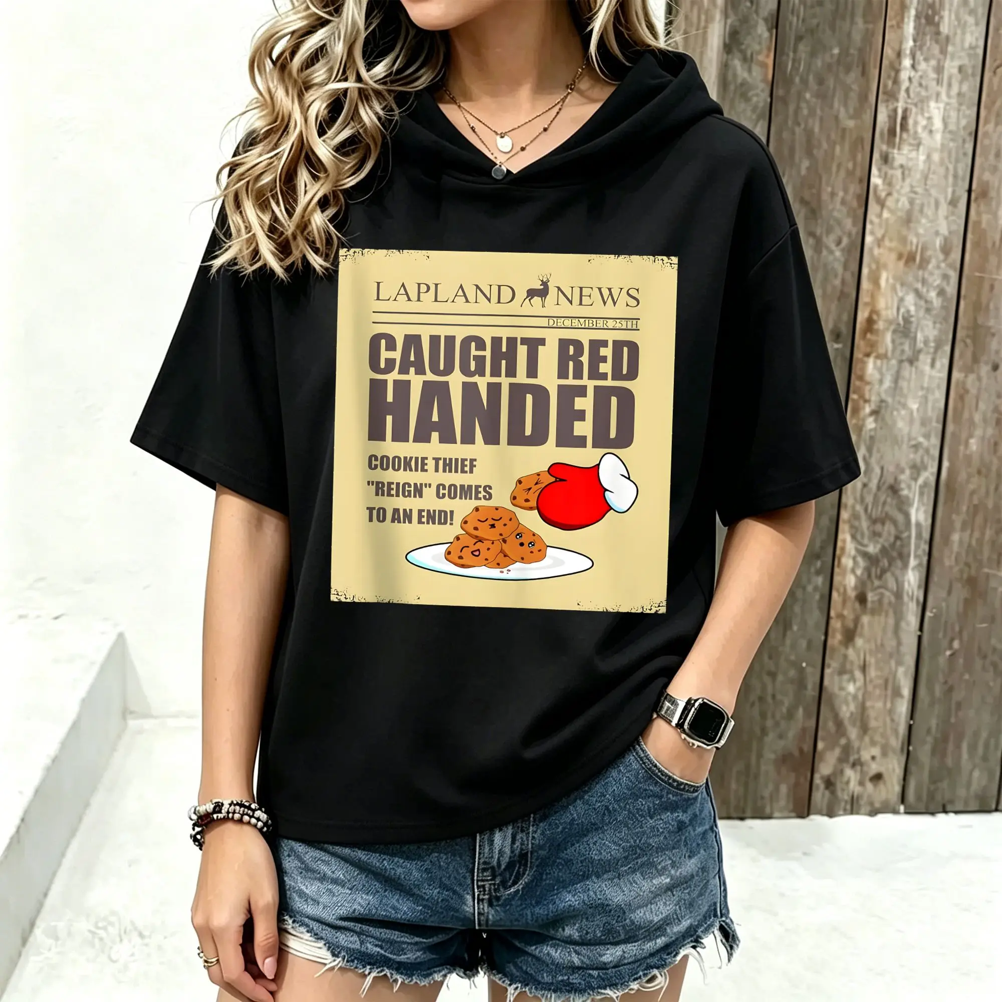 Women Short Sleeve Hooded T‑Shirt Lapland News Cookie Thief Newspaper Funny Christmas Graphic Print Spring Summer Loose Hoodie Tee Streetwear Casual Short Sleeve Hood Tops