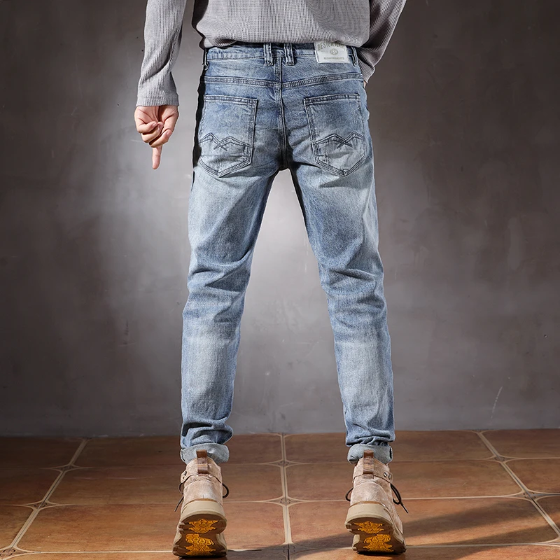 High quality blue distressed jeans men's straight leg pants versatile trendy brand pants streetwear men ripped skinny jeans men