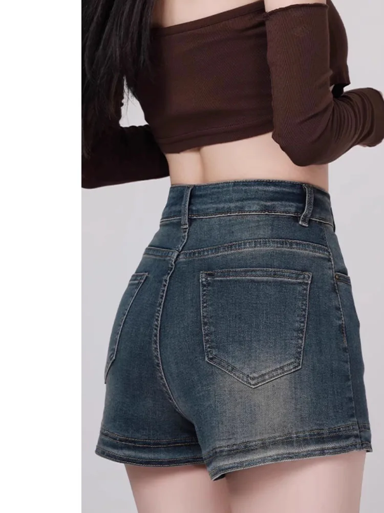 

Ретро-американские синие джинсовые шорты с высокой талией для женщин, зимняя верхняя одежда больших размеров, облегающие, укороченные, А-силуэт, для фигуры типа «груша»