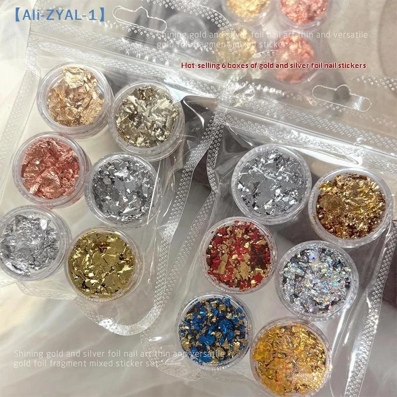 【ZYAL-1】Lot de 6 pots de paillettes pour ongles, feuilles d'or, paillettes irrégulières or et argent, décorations pour nail art, autocollants scintillants