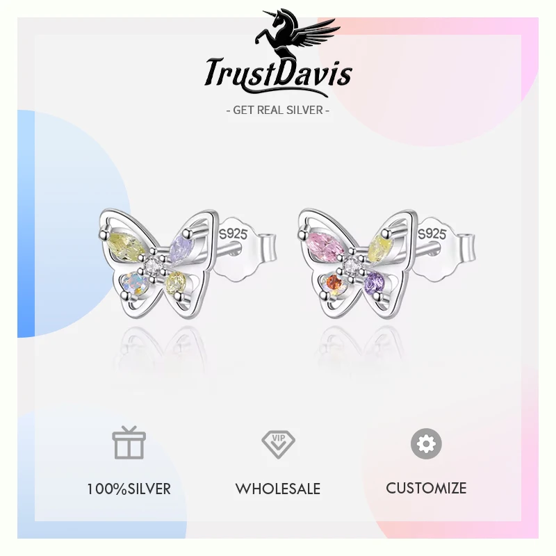 TrustDavis Real 925 Sterling Silver 2024 Colour Shiny CZ Butterfly Stud Earrings For Daughter Girls Fine 925 Jewelry Gift DG0037
