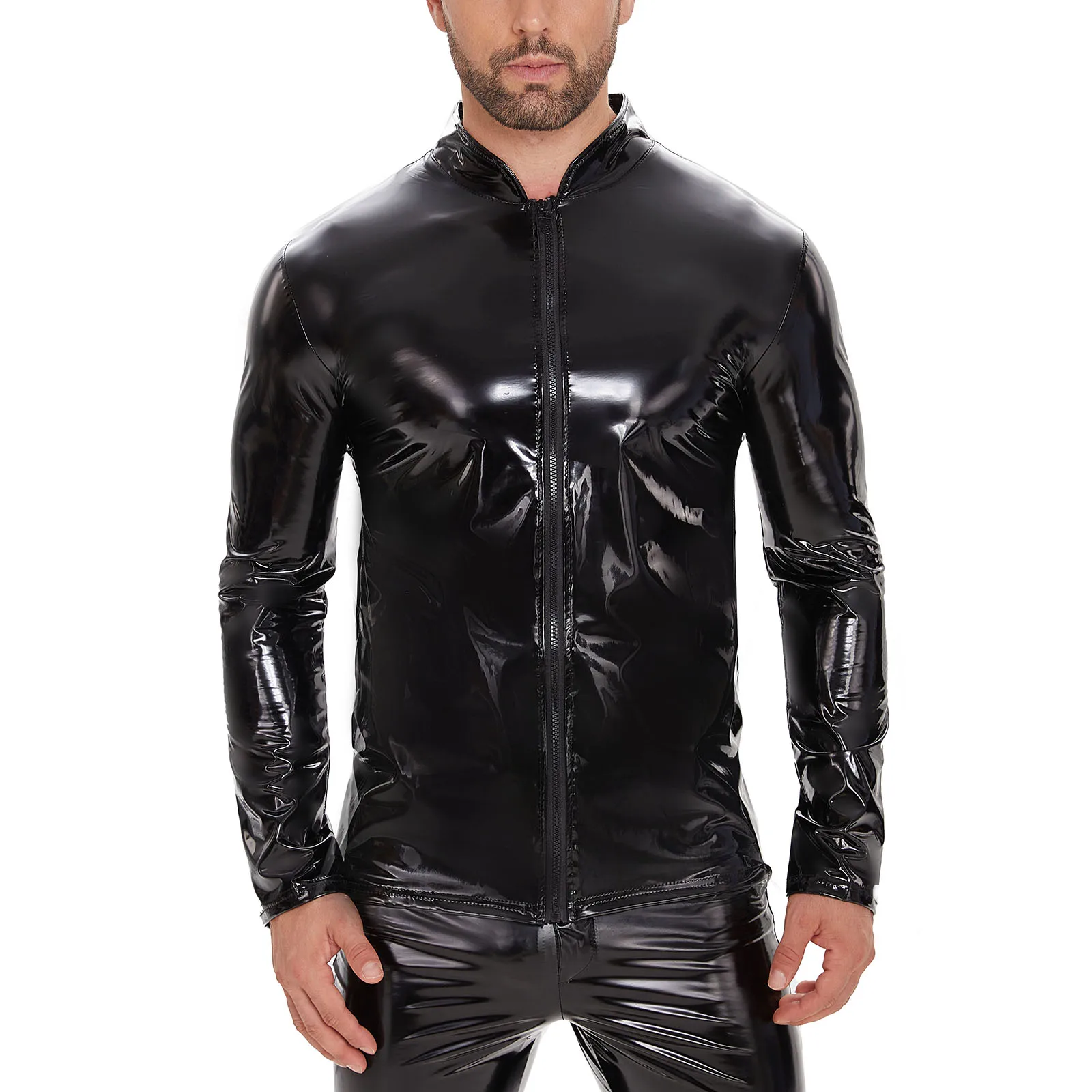 Plus Size Mens Shiny Leather Shirt Long Sleeve Full Zippper Glossy PVC Leather Tops Latex Stand Collar Shaping Casual Coat Sexi