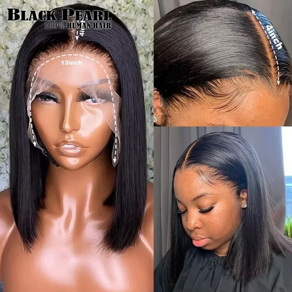 Pelucas brasileñas de encaje frontal para mujeres negras, pelo corto Bob, 100% humano, HD, transparente, prearrancado con cabello de bebé, Perla Negra