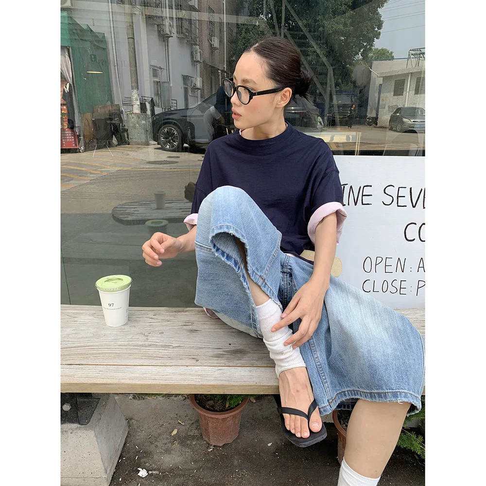 Szerokie spodnie jeansowe damskie vintage do łydki, spodnie z średnim stanem, sprane, postarzane, z kieszeniami, streetwear, lato 2025, damskie jeansy.