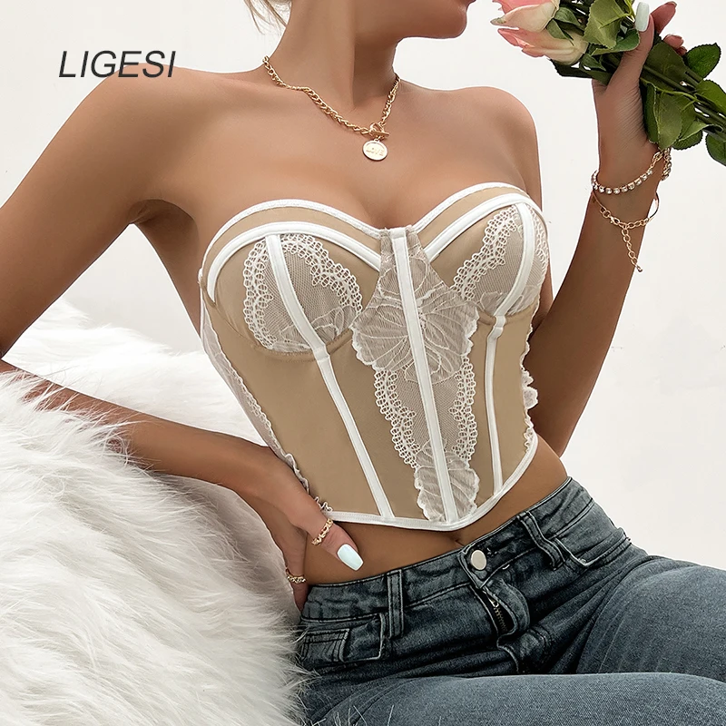 

Sexy Corset Top Women Sleeveless Off Shoulder Female Boned Cropped Streetwear Bustier Mesh Crop Top Y2k