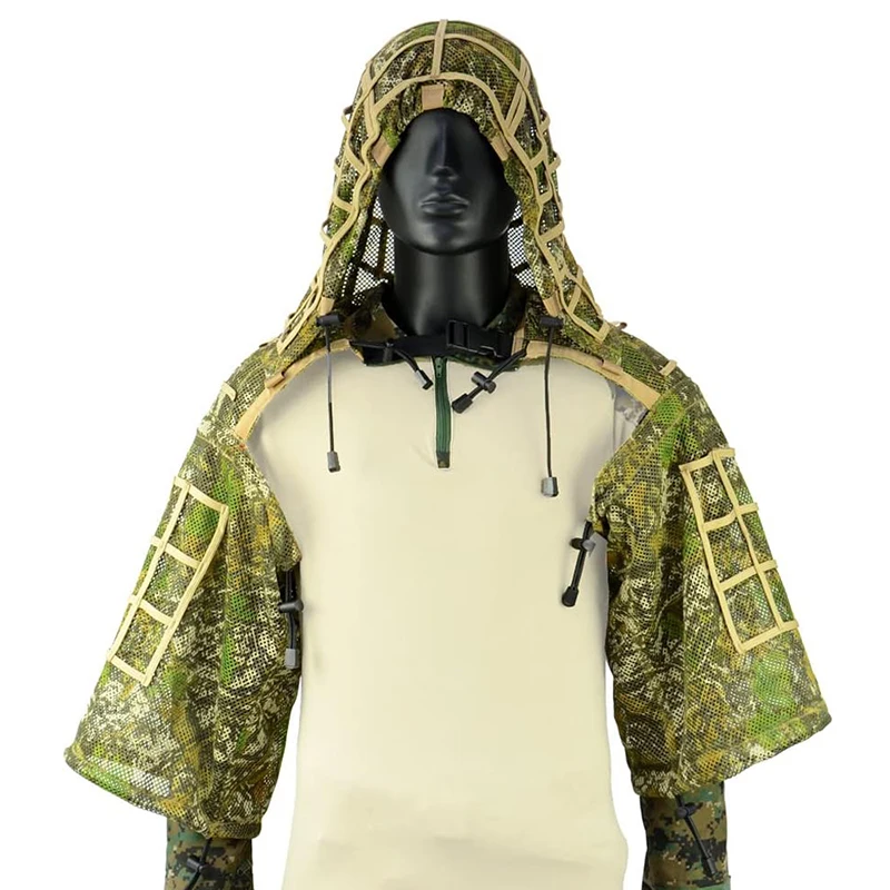 Atmungsaktive Ghillie-Anzug-Grundierung, Mesh-Nylon, Camouflage-Jagd-Ghillie-Basis, Sniper Viper Hood für Airsoft Paintball – Detail 18