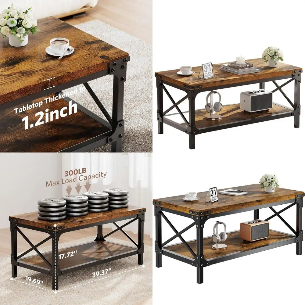 

Rustic Brown 40 Industrial-Style Wood & Metal Rectangular Coffee Table with 2-Tier Design