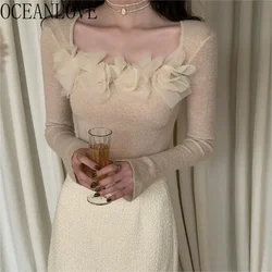 OCEANLOVE Y2k Autumn Winter Clothes Women Sweaters Flowers Solid Square Neck Retro Pullovers Korean Fashion Elegant Pull Femme