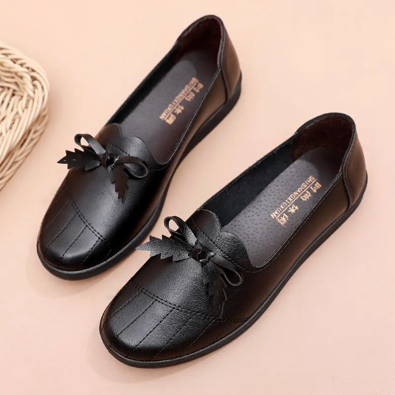 

Women Flats Shoes Casual Leather Loafers Fashion Bowtie Mother Shoes Soft Moccasins Flats Non-slip Footwear Woman Shoes