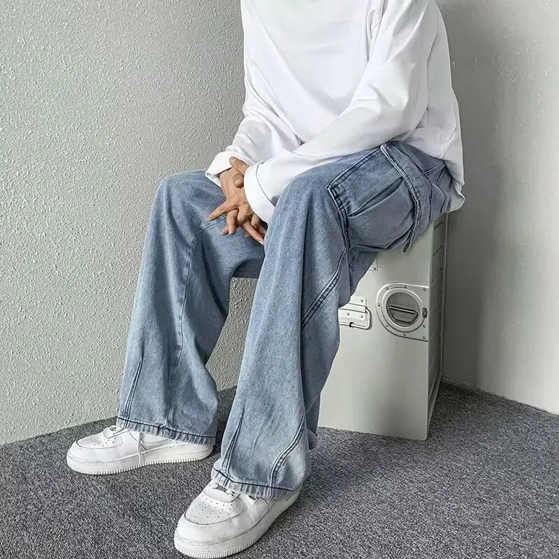 فضفاض مستقيم السراويل الطويلة العصرية غسلها الرجال جديد مرونة الخصر ربيع الخريف الشباب شعبية موضة الجينز جيب كبير السراويل البضائع