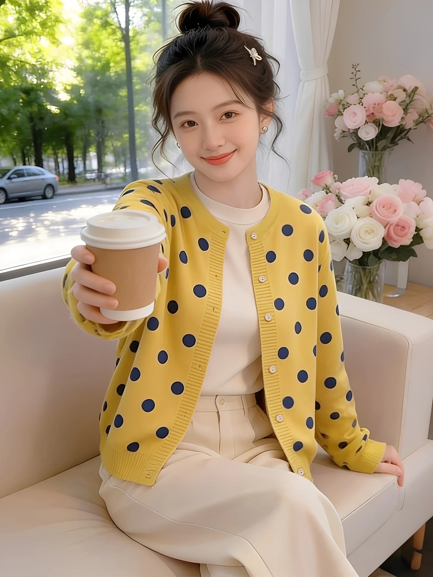 

Spring 2026 Women's Long Sve round Ne Knitted Open Cardigan Loose Fit Slimming Polka Dot Top Faion Versatile Mom's Wear