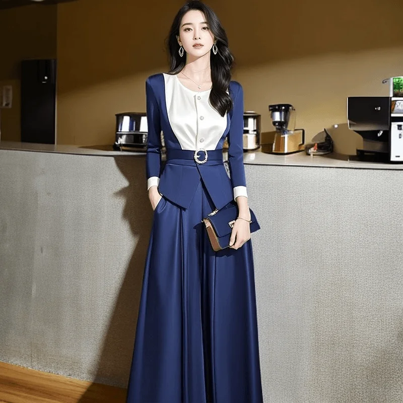 Lente 2025 Nieuwe Elegante Damespak Franse Mode Single Berasted Jas Top Met Riem + Wijde Pijpen Broek 2-delige Set Kantoor OL