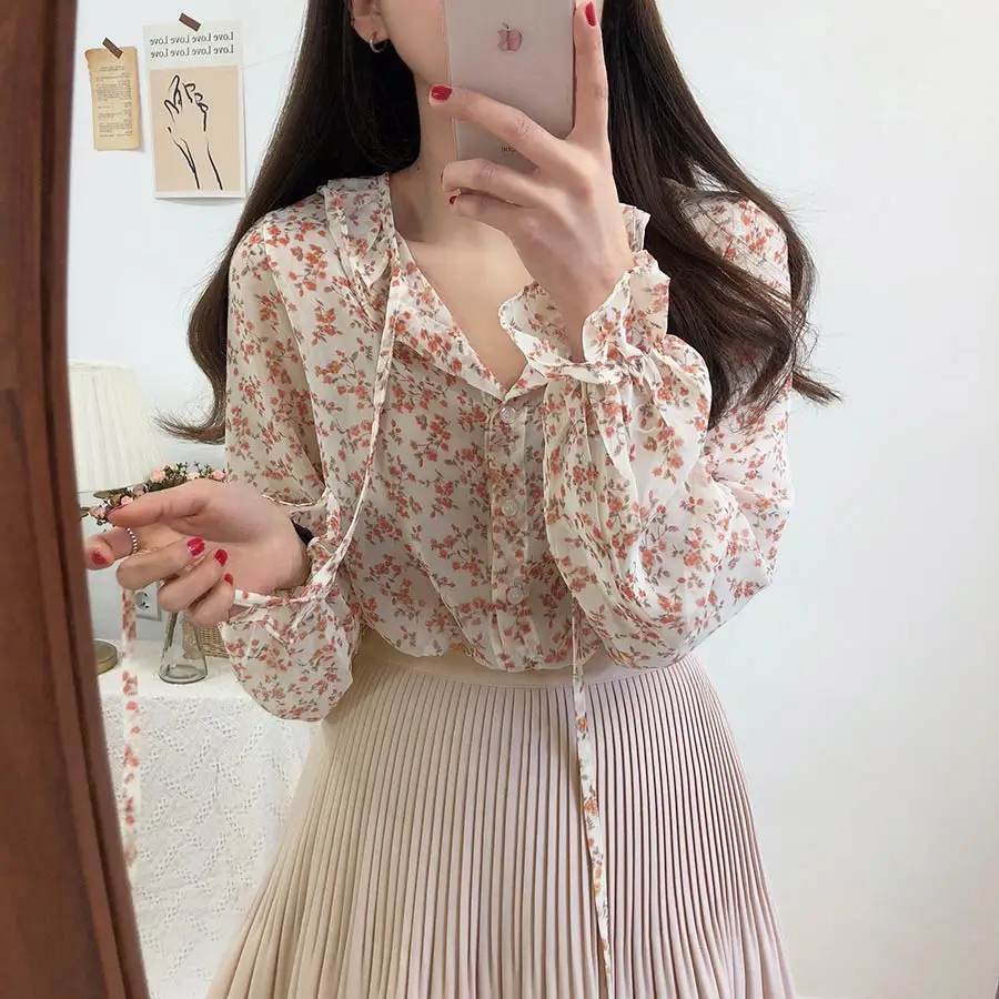 Spring Autumn Floral Print Chiffon Shirt Vintage Long Sleeve Lace Hem Style Women's Sweet Style V Neck Top