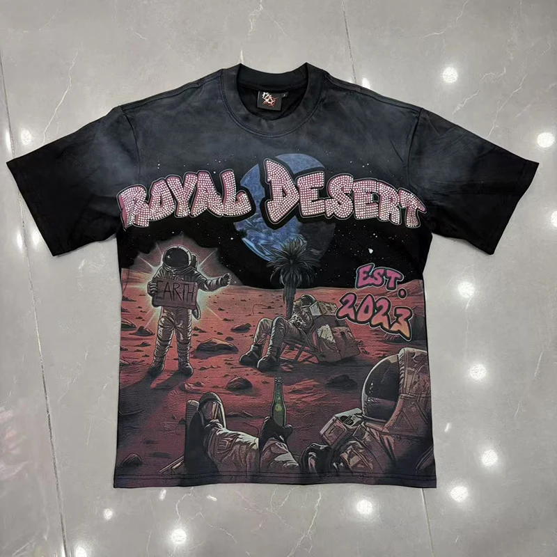 2026 New ROYAL DESERT Men Loose Short Sleeve T-Shirt, Vintage Washed Rhinestone Astronaut Mars Desert Graphic Tee