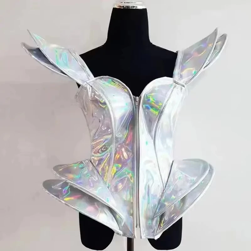 

Silver Laser Sexy Bodysuit Stage Performance Dance Straps Women's Leotard Singer Tour Costume Nightclub Bubble Skirt Party Set