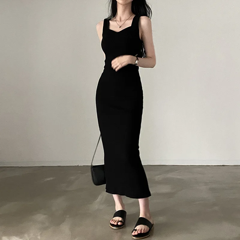 

Knit Square Neck Dress Women Sexy Sleeveless Split Dresses Korean Lady Screw Thread Slim Pullover Long Office Vestidos Y2k