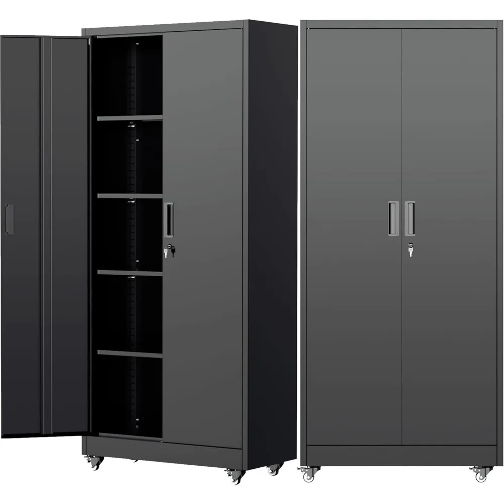 خزانة تخزين معدنية بعجلات، وخزانة تخزين جراج مع أرفف قابلة للتعديل وأبواب قابلة للقفل للمنزل المرآب