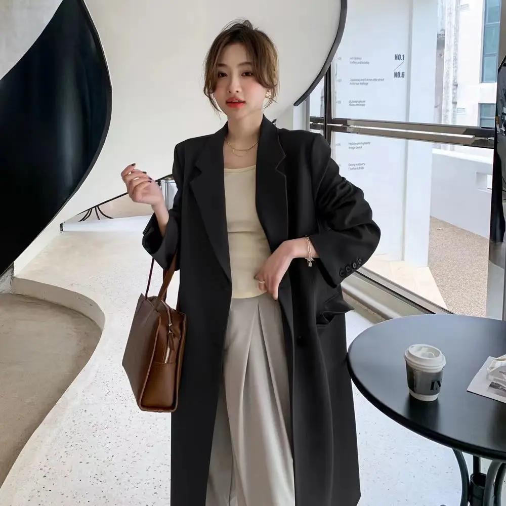 2025 primavera e outono versão coreana de terno longo jaqueta para terno casual feminino temperamento solto sobre o joelho casaco corta-vento