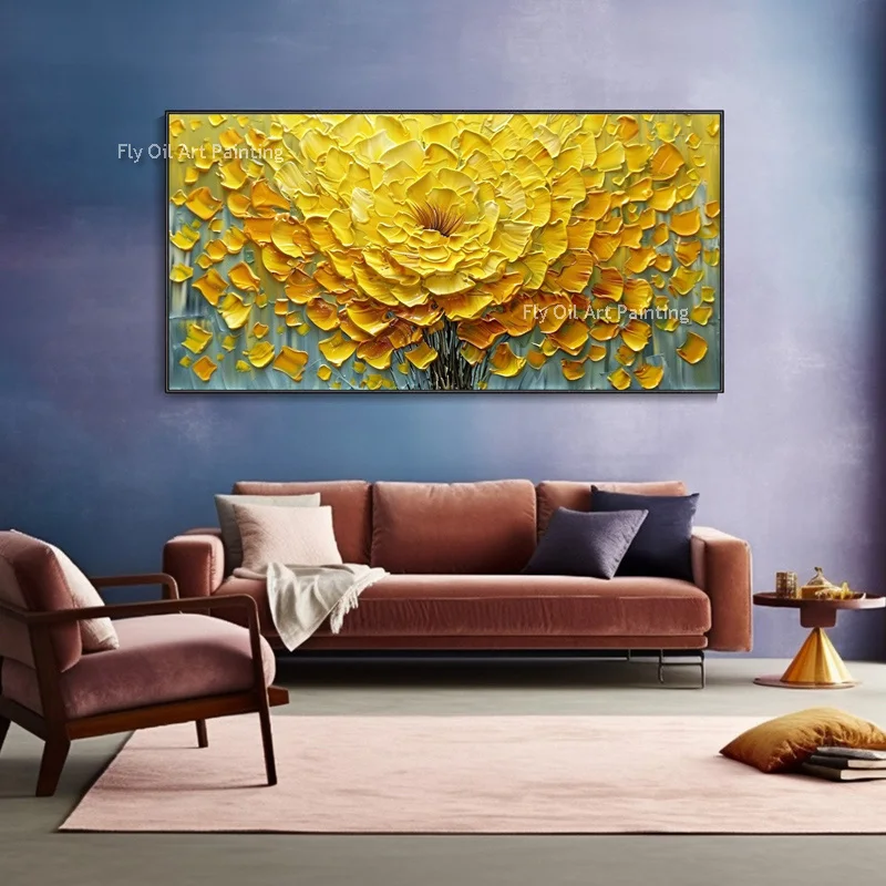 Large Abstract Yellow Flower Handmade Knife Thick Oil Painting Modern Bloming Light Yellow Floral Canvas Wall Art Decor As Gift
