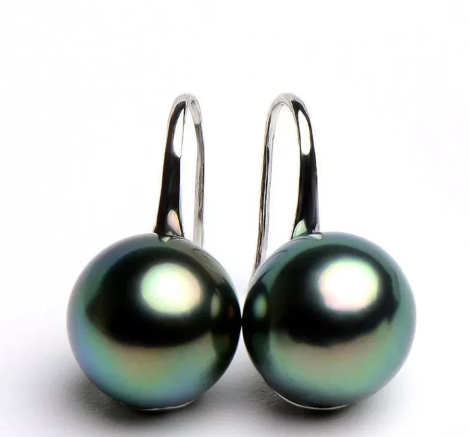 New Jewelry Earring  12mm Tahitian Black South Sea Shell Pearl Silver Hook Dangle Earrings