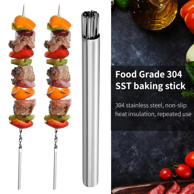Szaszłyki do grilla wielokrotnego użytku szaszłyki ze stali nierdzewnej Shish Kebab BBQ Camping płaskie widelce gadżety akcesoria kuchenne narzędzia — zdjęcie 3