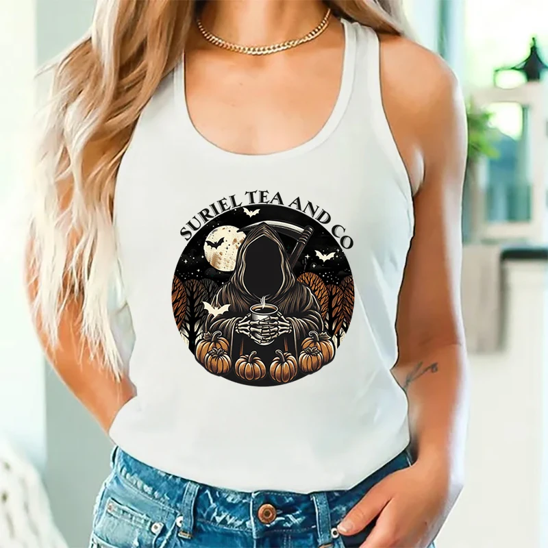 

Хэллоуин, ужасы, скелет, майки для женщин, раньше питьевой кофе, повседневные топы, Хэллоуин, скелет, призрак, дизайн, Racerback Топ