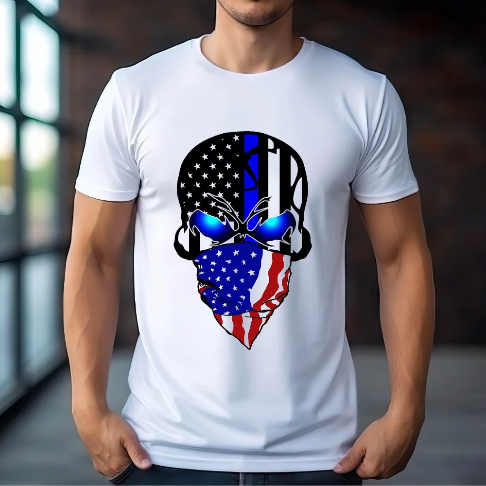 

FPACE Vintage American Skull Men T-Shirt Flag Skull Printed T shirt Sport Men's Clothing Women Oversized t-shirt