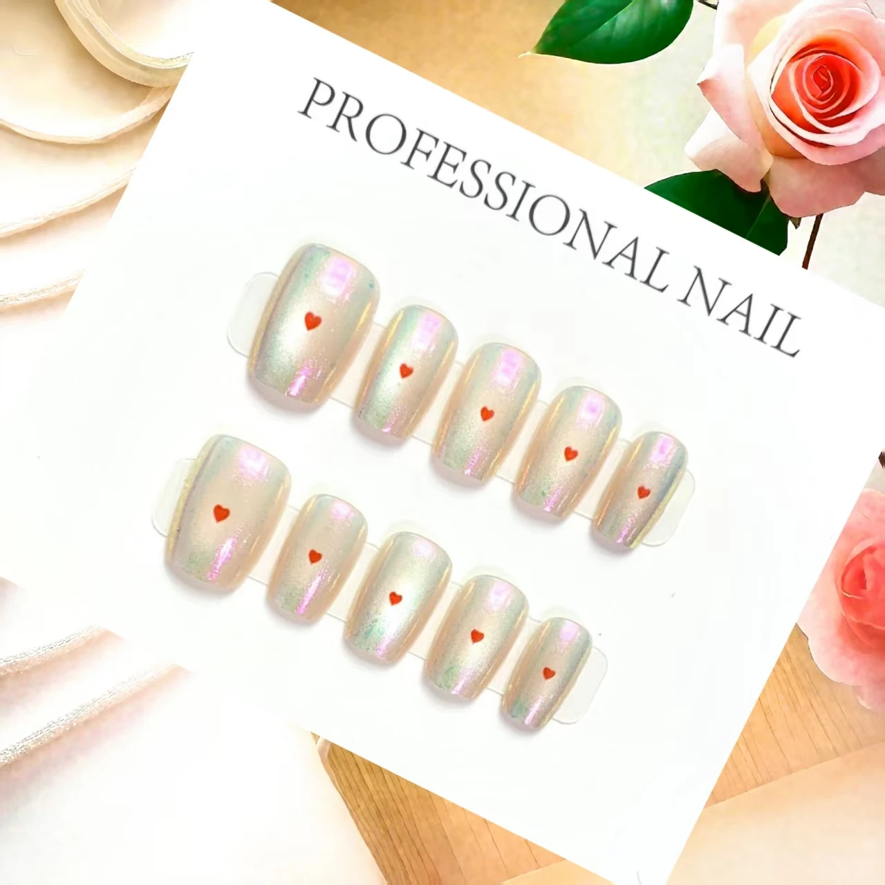 

10PCS Handmade Short Stiletto Aurora Heart Press On Nails Simple Design for Any Occasion With 4-PIECE Tools Super-Strong Nail