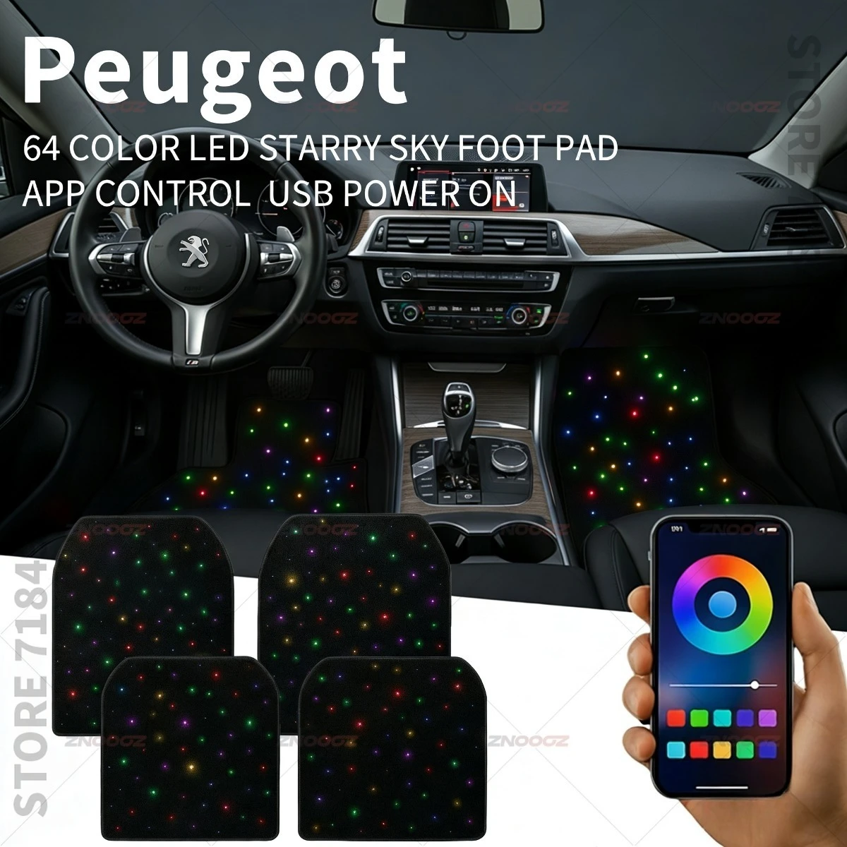 For Peugeot 108 208 308 408 508 2008 3008 5008 Rifter Traveller USB Car LED Starry Sky Foot Mat DIY Can Be Cut