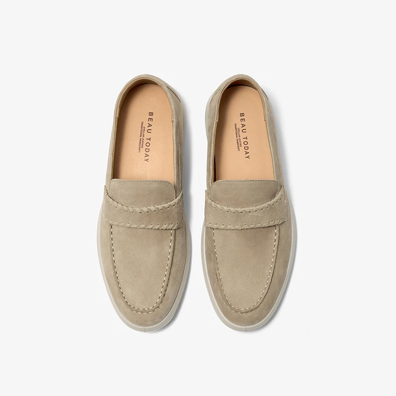 BEAUTODAY Casual Loafers Women Sheepskin Suede Leather Slip-on Sewing Solid Color Round Toe Flats Ladies Shoes Handmade 26363