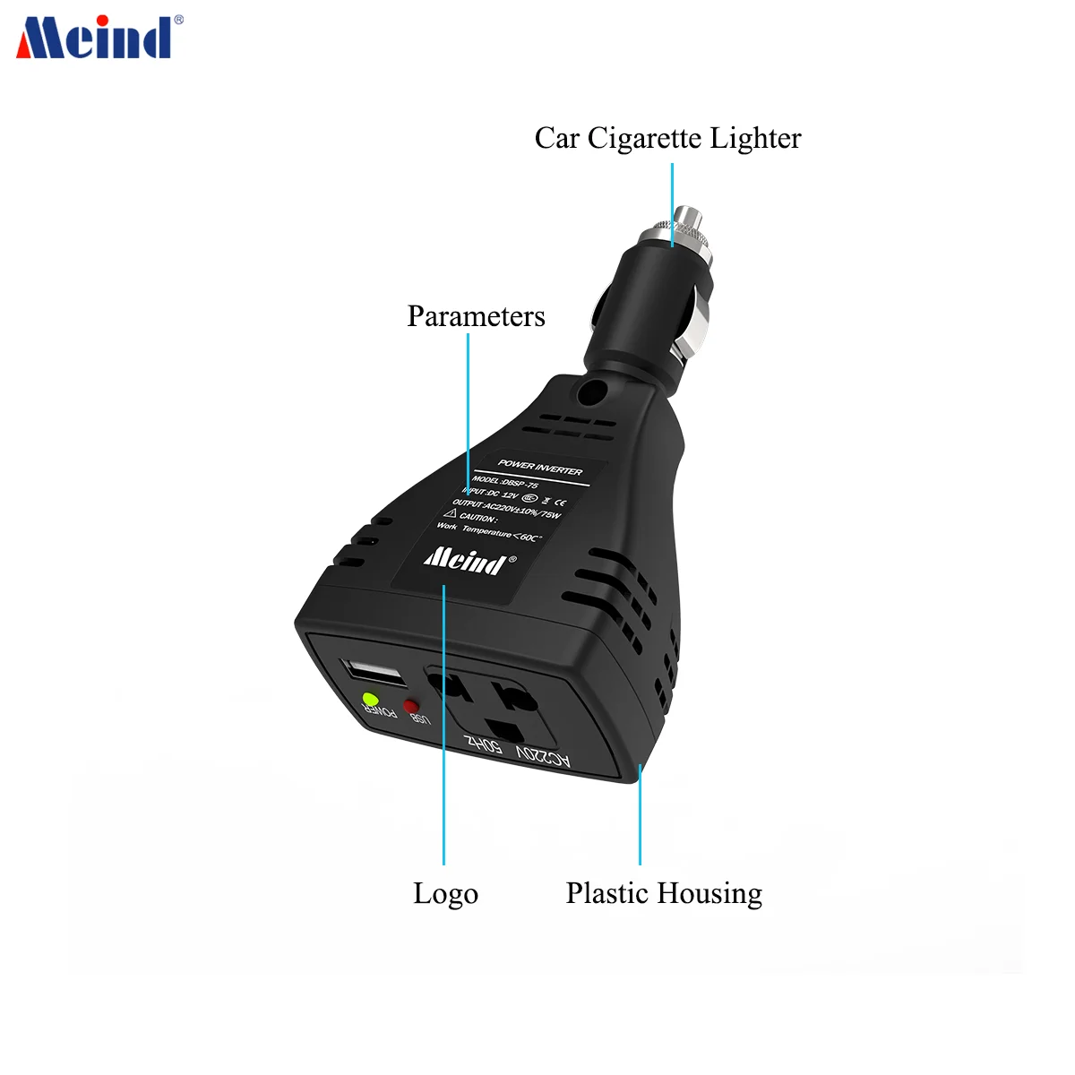 Meind 75W Power Inverter DC 12V to AC 220V Car Charger Plug in Adapter Outlet with USB Port Portable Power Converter for  Car