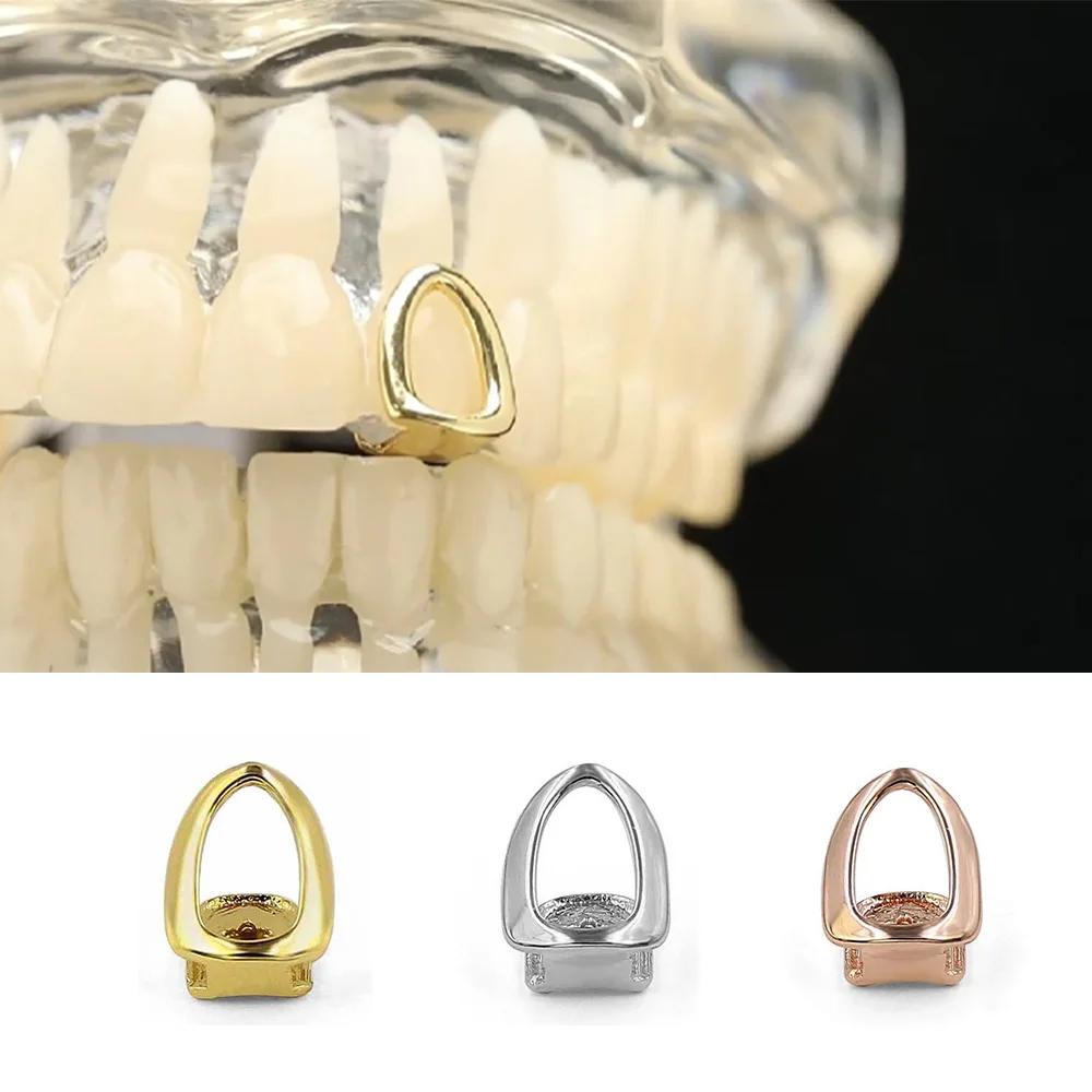 YOUNGX Gold Silver Color Single Hollow Teeth Grillz Braces Punk Glossy Tooth Caps For Women Men Jewelry Gift Cosplay