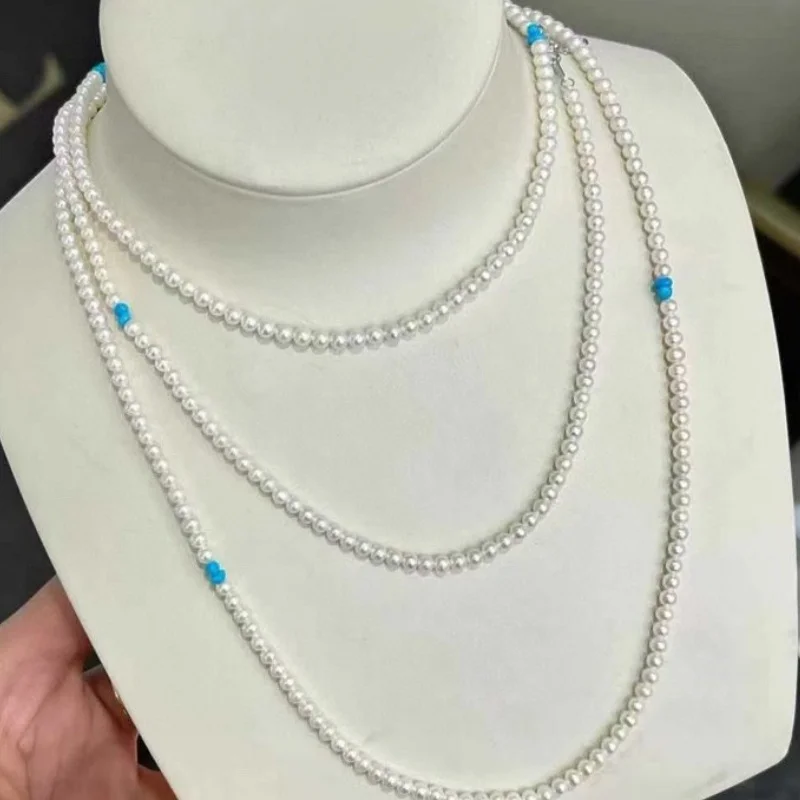 SGARIT Trending Jewelry 3-4mm S925 Silver Natural Freshwater Pearl Long Necklace with Turquoise Stone Double Triple Rows 120+5cm