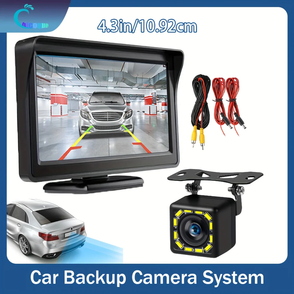 A 4.3-inch display kit and backup camera with 12 LED lights. This kit provides a night vision parking system for cars, SUVs
