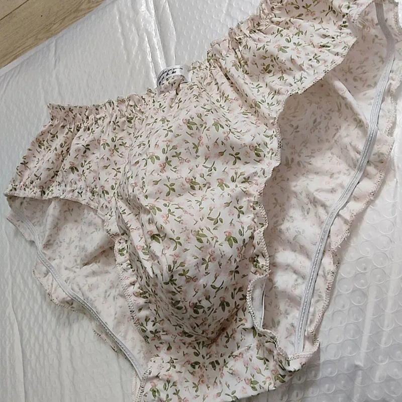 

Retro Sweet Underwear Floral Twill Sissy Panties Men's Comfortable Soft Breathable Ruffled Underwear BF Gift Open Crotch Briefs