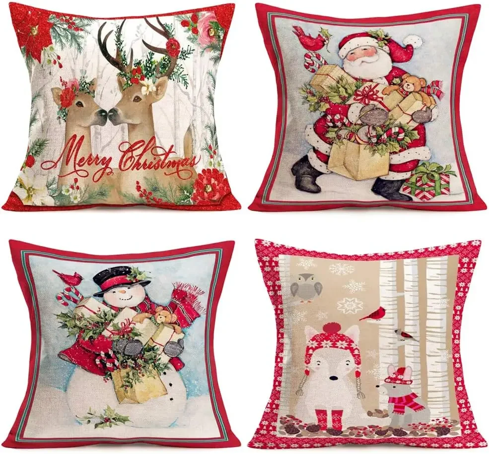 Funda de almohada decorativa de Feliz Navidad, cubierta de cojín de lino y algodón, muñeco de nieve y Papá Noel, decoración