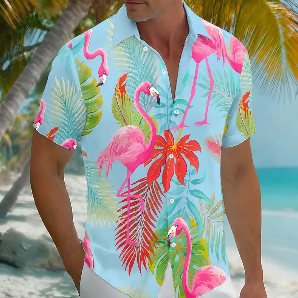 

Men's Blue Flamingo & Palm 3D Print Button Up Shirt, Turndown Collar Hawaiian Tops for Spring Summer Beach Vacation Daily Wear