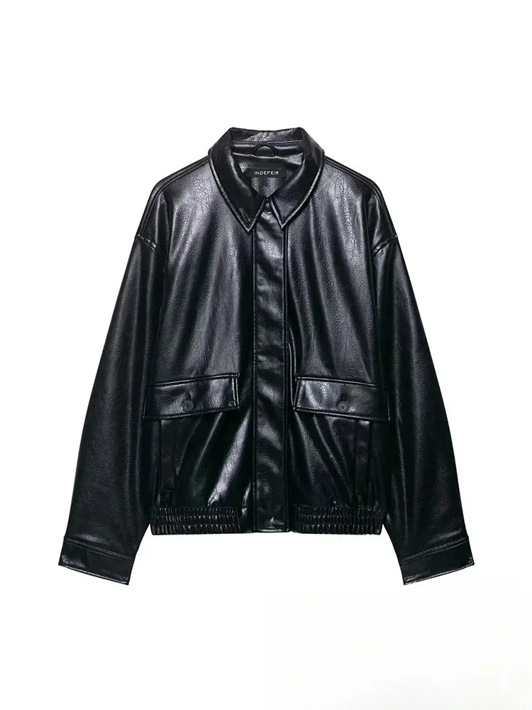 KONDALA Casual Chic Giacca in pelle nera Tasche da donna Manica lunga Cappotti con cerniera Moda 2025 Autunno Inverno Streetwear Outwears